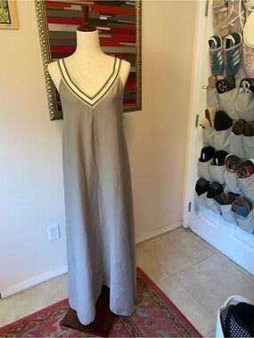 V-Neck Taupe Maxi Dress with Striped Trim